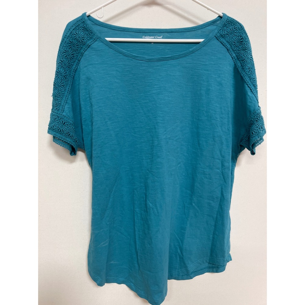 Coldwater Creek Teal Blue Crochet Lace Sleeve Slub Knit Top Medium